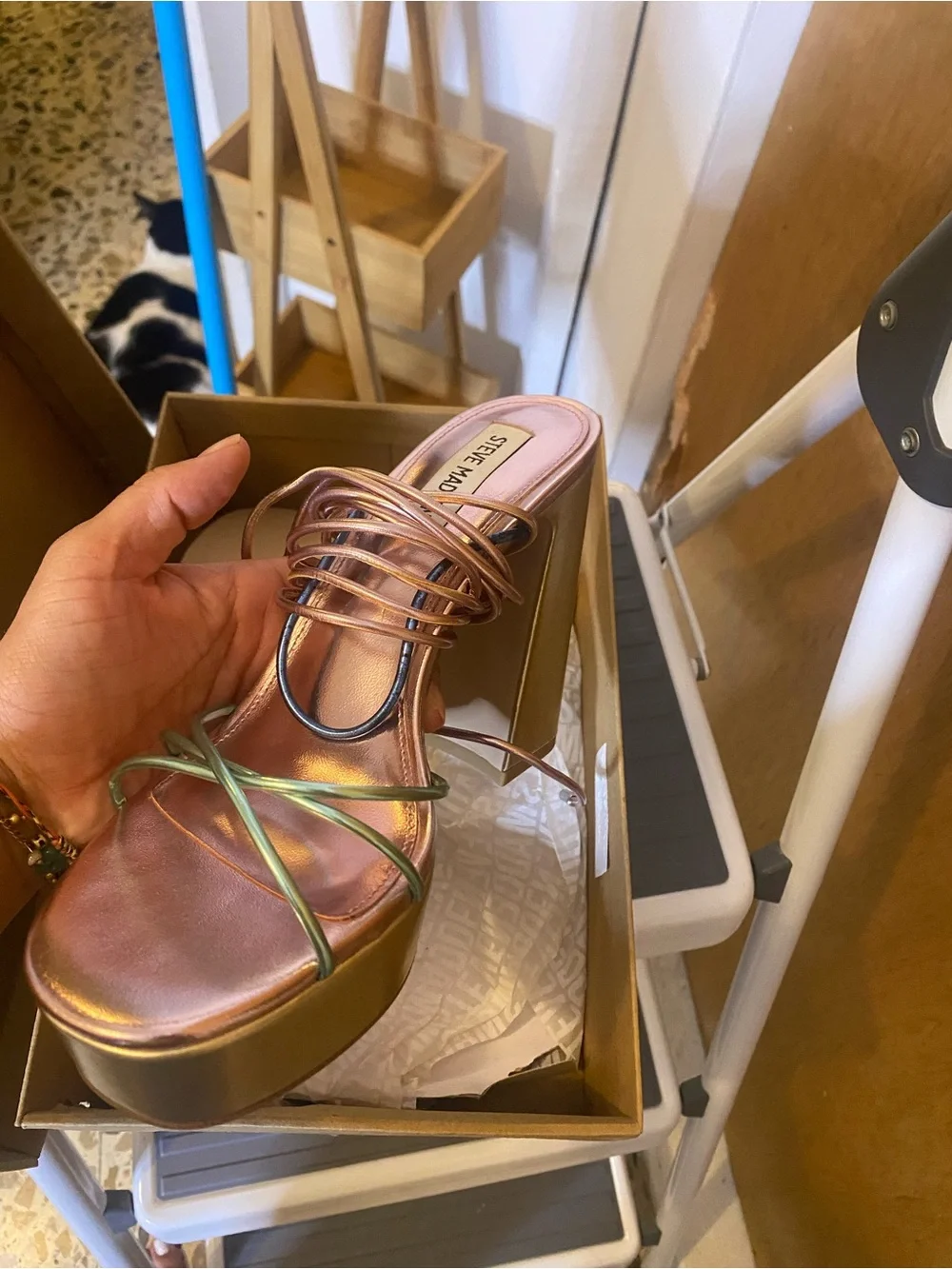Gold Platform Block Heel Sandals with Iridescent Straps